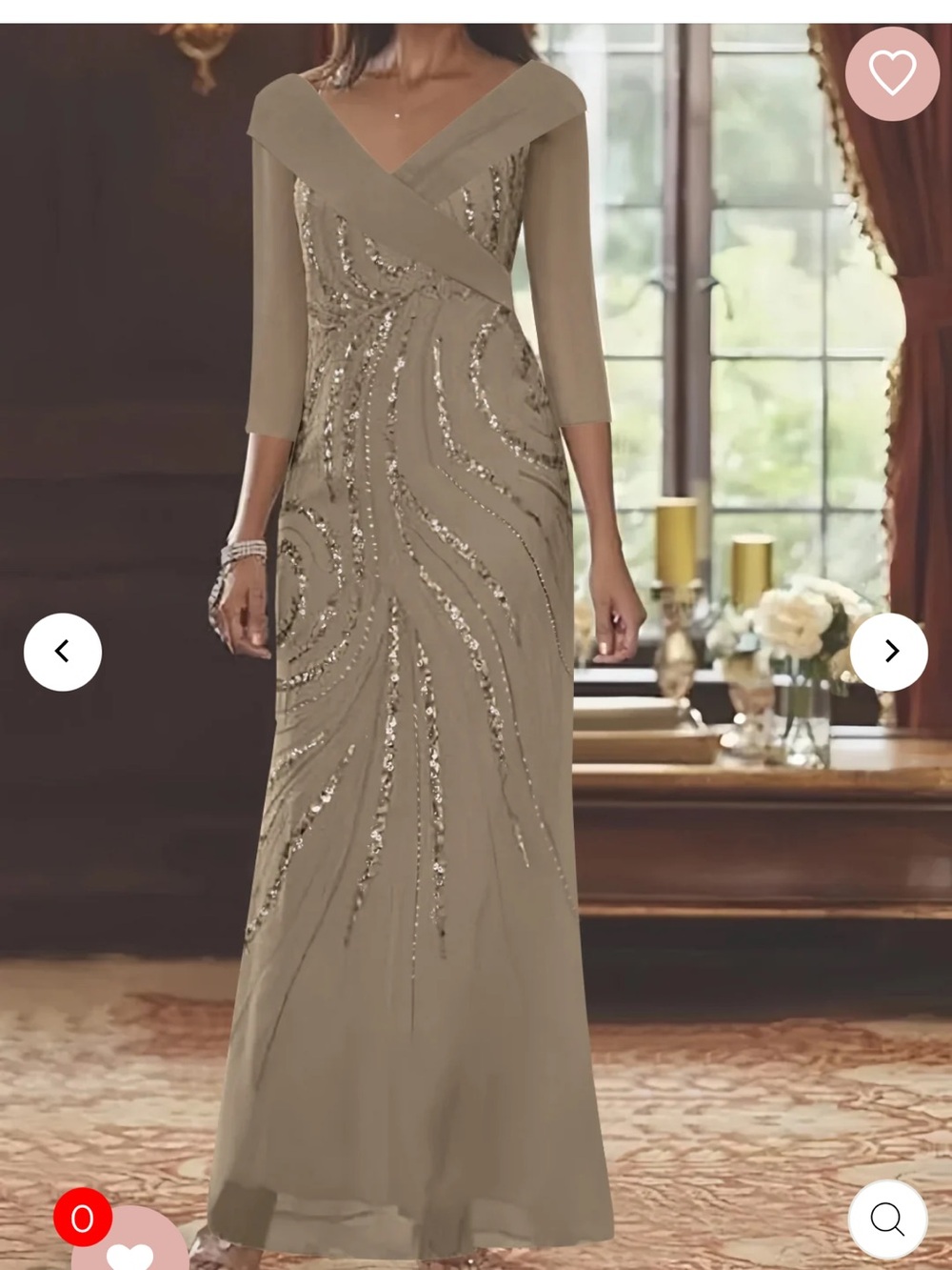 Sequin-Embellished Taupe Maxi Dress with Crossover Bodice